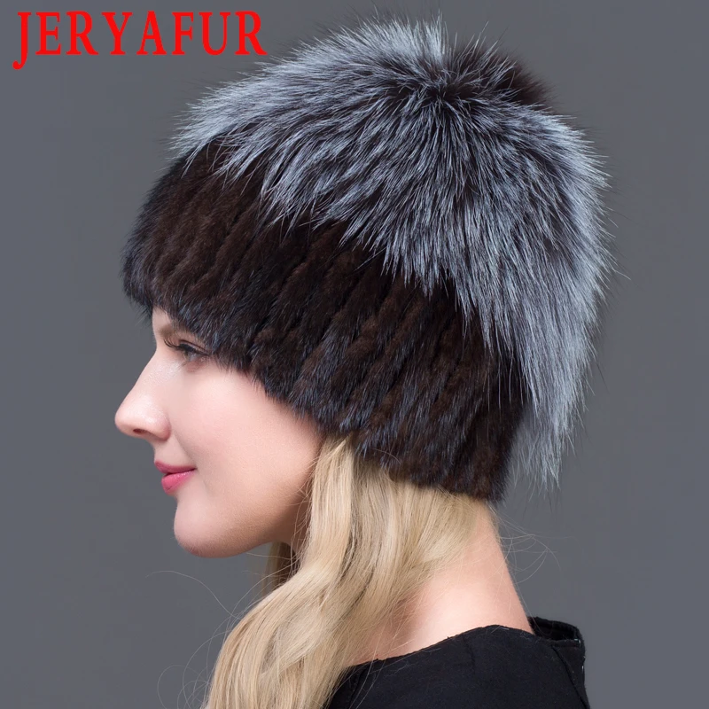 JERYAFUR Женская зимняя норковая меховая вязаная шапка из натуральной норки, меховые шапки из серебра лисы, женские русские теплые шапки, лучшая женская меховая шапка