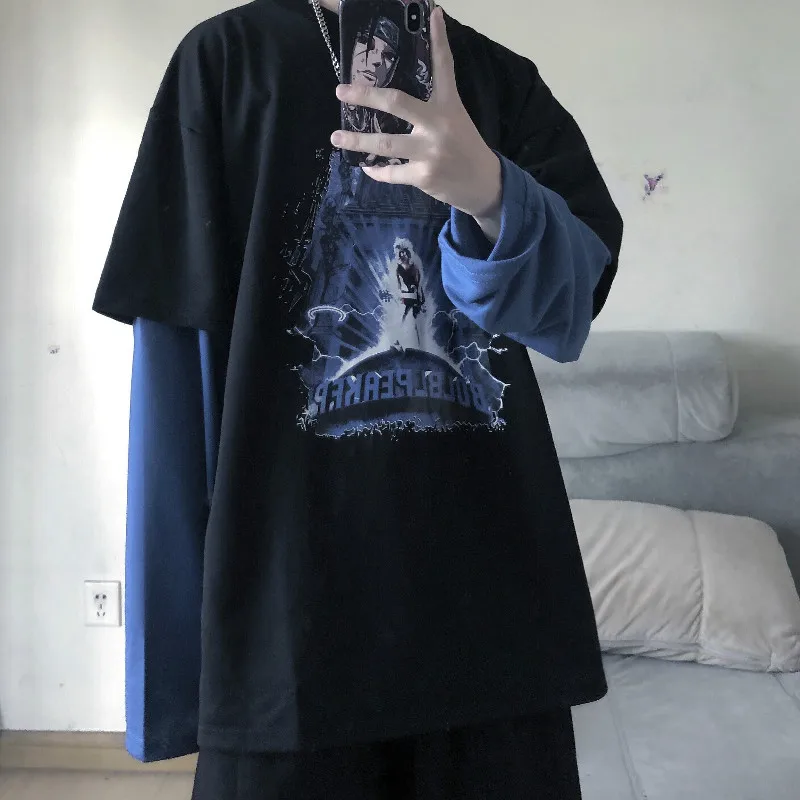 Woherb Harajuku, женская и мужская футболка с принтом, Лоскутная, имитация, 2 предмета, футболка, модная уличная одежда, панк, хип-хоп, футболки, Camisas Mujer