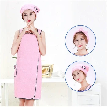 

Bath Skirt Home Coral Fleece Bath Towel Shower Cap Hair Band Set Soft Adult Female Sense Suspender Strong Absorbent Bath Skirt