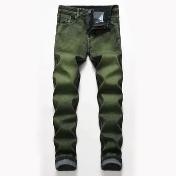 

2020 men new elastic leisure jeans young army green straight jeans
