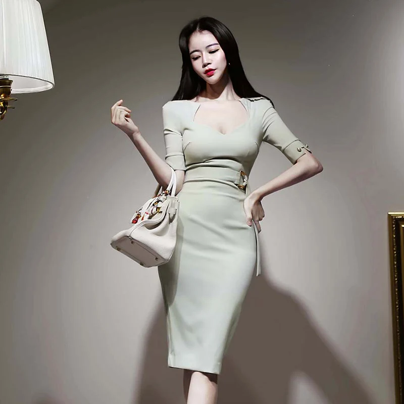 2020 Brief Style Neo Mint Elegant Light Green Square-Neck Bodycon Office Lady Work Dress Slim Pencil Formal Party Summer | Женская