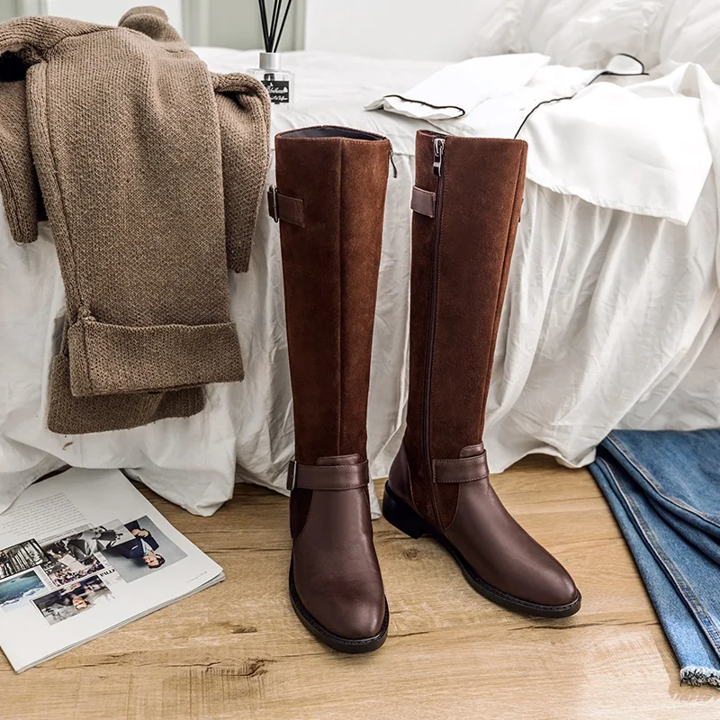 brown ZVQ/Новые модные зимние сапоги до колена удобная женская обувь из коровьей замши с круглым носком на молнии с пряжкой Прямая поставка; размеры 34-39 - Цвет: brown