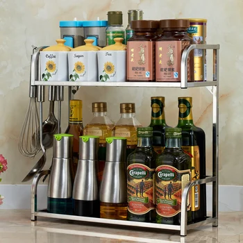 

2-Tiers Kitchen Shelf Stainless Steel Seasoning Shelf Kitchen Shelf Rack Organizer Spice Storage Rack with Hanging Hook
