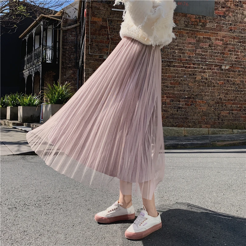 Весна осень новая бархатная юбка для женщин Зимний свитер средней длины Высокая талия сетка плиссированная длинная кружевная юбка - Цвет: Розовый
