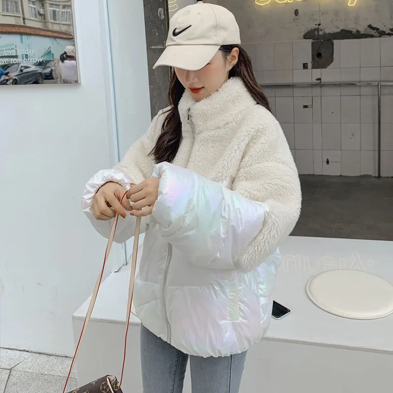 FTLZZ Bright Side Patchwork Lamb Fur Coat Winter Women Cotton Padded Jacket Female Thicken Warm Snow Glossy Short Outwear