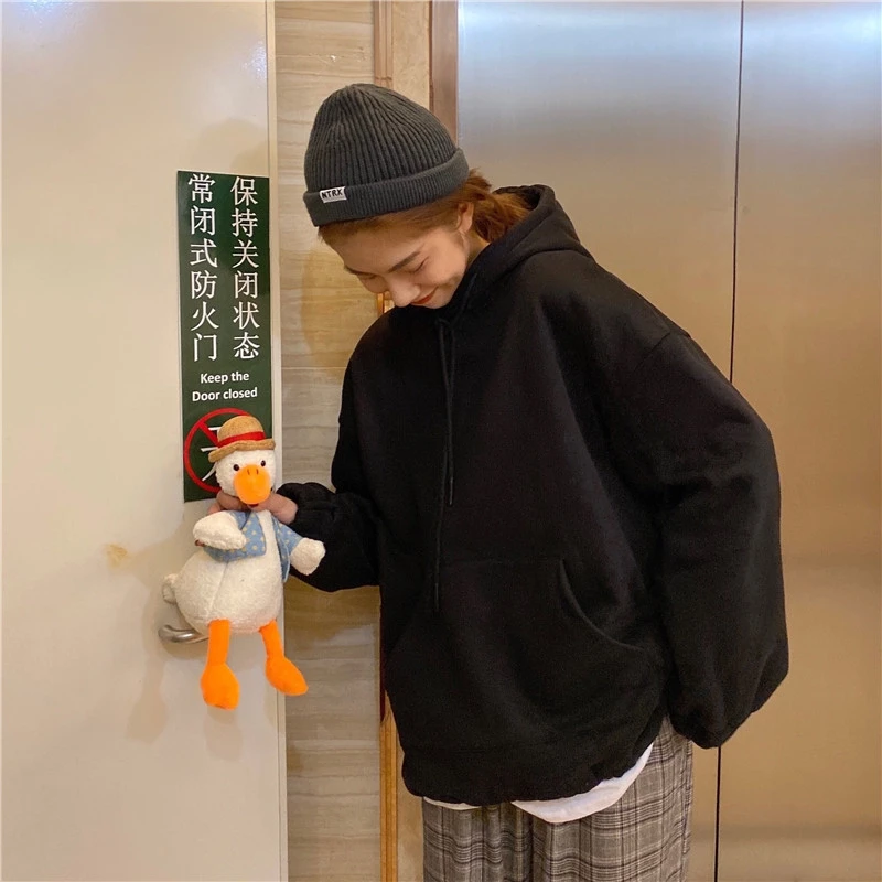 Осень Harajuku толстые толстовки женские корейские однотонные свободные пуловеры с капюшоном с заниженным плечом студенческие шикарные флисовые теплые толстовки