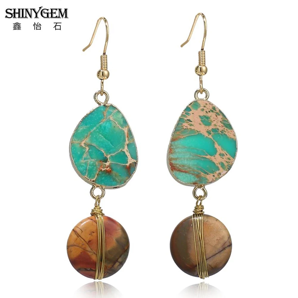 Shinygem Bohemia Natural Sea Sediment Imperial Gold Wire Winding Beads Long Drop Ciondola Gli Orecchini In Pietra Di Diaspro Per Le Donne
