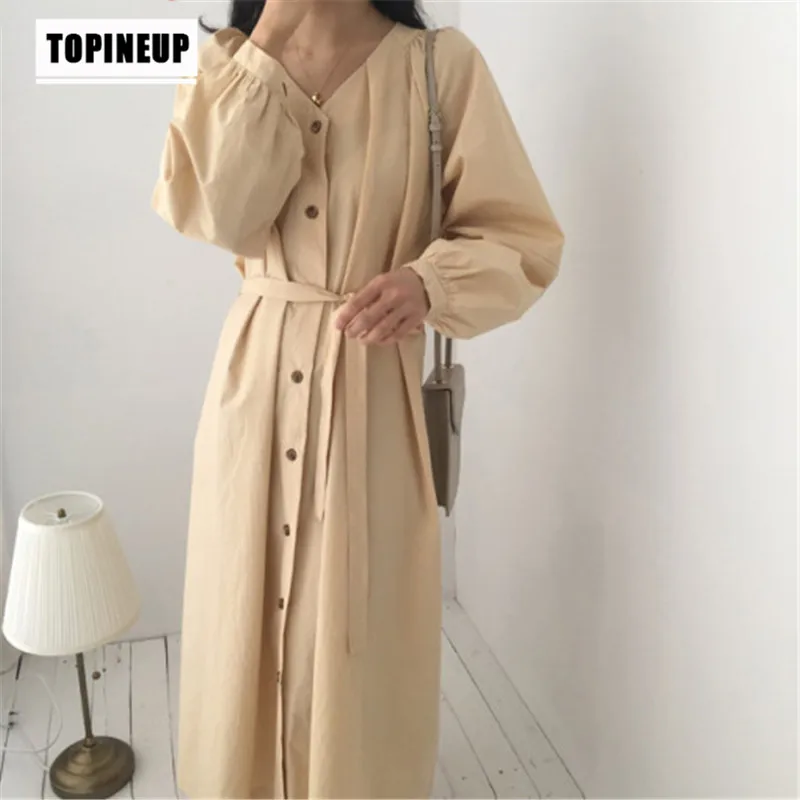 

2019 V-Neck Solid Color V Neck Shirt Dress With String Solid Color Long Sleeve Warm Women Dresses Sweet College Style