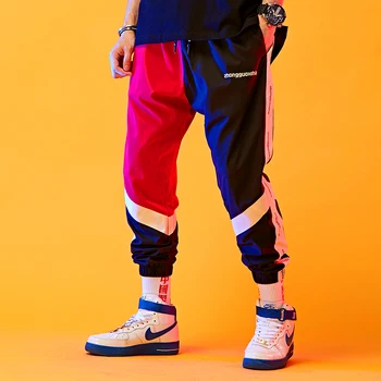 

Hit Color Patchwork Male Trousers Hip Hop Trends Printing Mens Pants Elastic Waist Blue Red M-4XL Pantalones Hombres