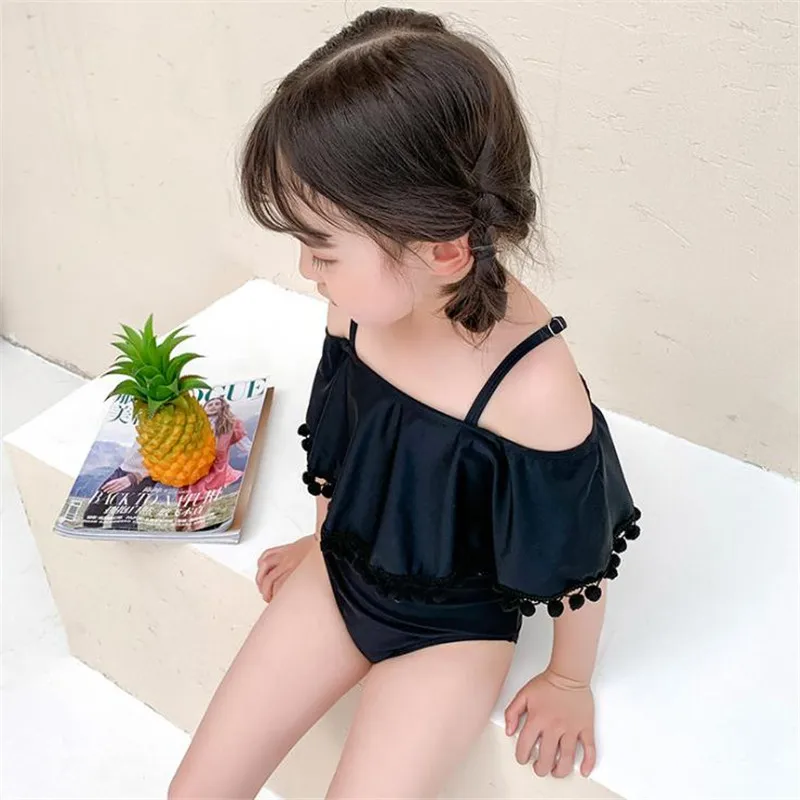 Черная детская одежда для купания девочек Раздельный летний купальник девочки