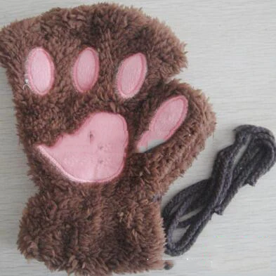 Women Cute Cat Claw Paw Plush Mittens Warm Soft Plush Short Fingerless Fluffy Bear Cat Gloves Costume Half Finger Black Beige - Цвет: J