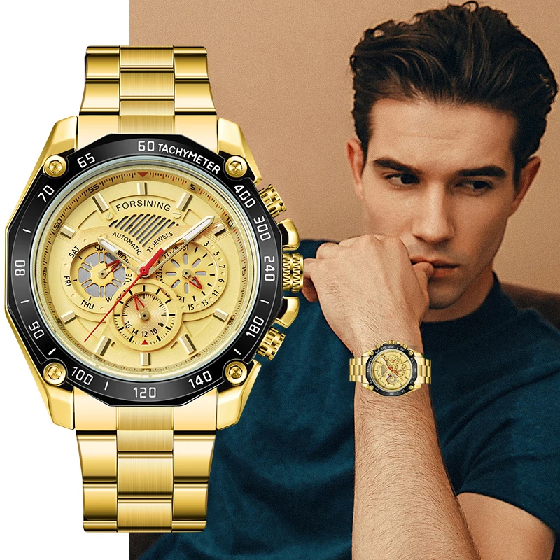 

Forsining 6 Hand Mechanical Watch Stainless Steel Business Men's Wrist Watch Date Week Display Waterproof Sport Men's Watches