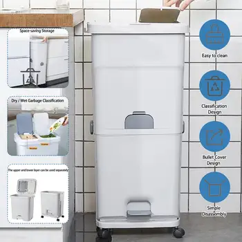 

Double Layer Classification Trash Can Kitchen Plastic Dustbin Wet and Dry Push Button Recycle Stacked Rubbish Bin With Wheel