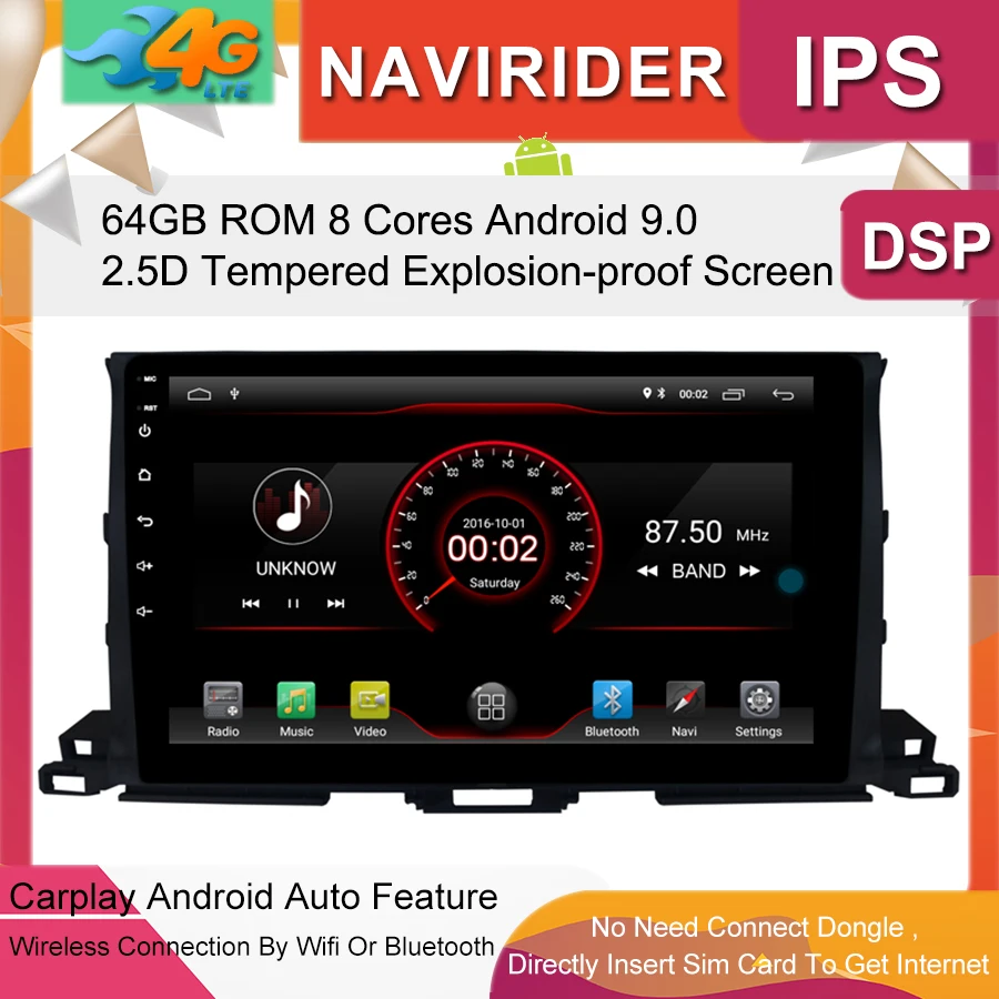 Автомобильный мультимедийный плеер ips экран монитор gps магнитофон Bluetooth Android 9,0 для Toyota HIGHLANDER система навигации транспортного средства