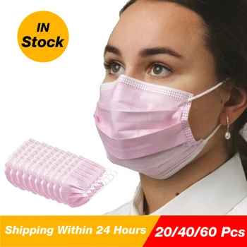 

60 Pcs Pink Disposable Face Mask With 3 layers protection earloop mask for woman earloop mouth mask Fast shipping can with DHL