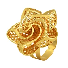  Ethiopian Gold Plated Ring For Women Dubai Gold Color Big Ring Resizable Arab Nigeria Rings Wedding Designer Flower Jewelry 