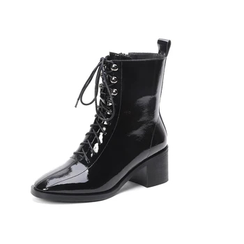 

Salu Concise Back lace up Women's Ankle Boots Winter 2020 Women Fashion Square Toe High Heels motorcycle boots Shoes Woman