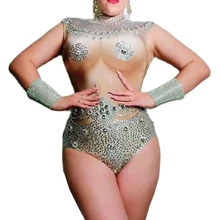 

Sleeveless Sparkling Rhinestones Women Jazz Dance Bodysuits Sexy Nightclub Stage Jumpsuits See Through Pole Dancing Costumes