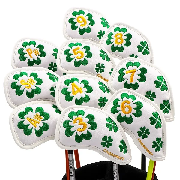 NEW Champkey 10pcs/set Clover PU Leather Golf Iron Headcover Iron Club Covers Set 2 Colors for Choice - Цвет: White