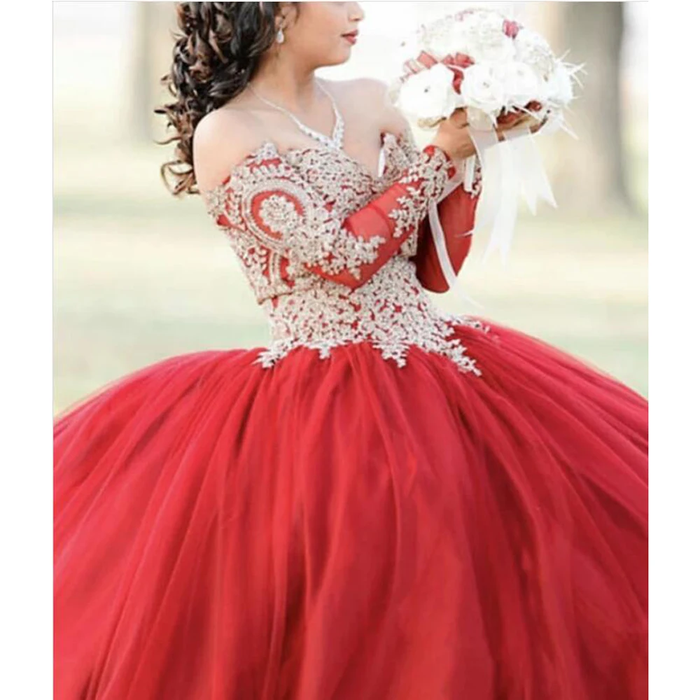 

2020 Princess Ball Gown Quinceanera Dresses with Appliques Long Sleeves Off the Shoulder Corset Red Burgundy Sweet 16 Dress Prom
