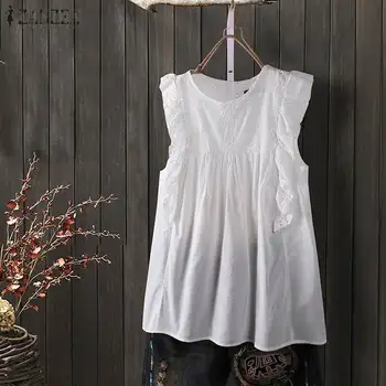 

M 5XL ZANZEA Summer Vintage Embroidered Tanks Tops Solid Hollow Cotton Ruffles Vests Shirt Women Sleeveless Party Blusas Female