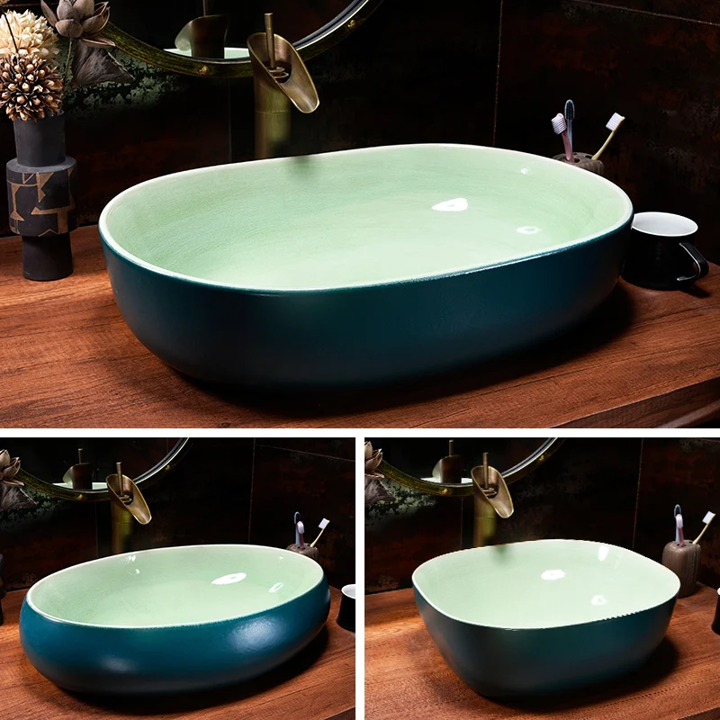 Green Oval Jingdezhen Bathroom ceramic sink wash basin Counter Top Wash Basin Sinks hand painted ceramics bowls | Обустройство дома