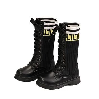 

Spring Autumn Knitted Boots for Baby girls Knee-high Leather Boots Patchworked Little Girls Black Boos Kid Shoes size 21-37 Nice