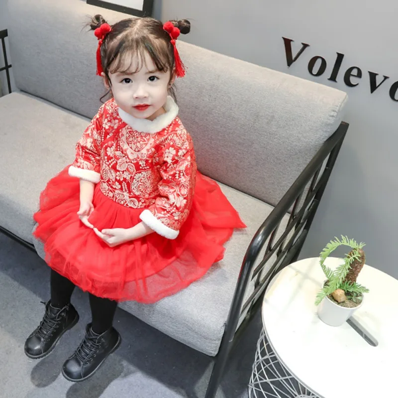 Новогоднее платье для маленьких девочек; платье принцессы; платье Чонсам с длинными рукавами в стиле пэчворк; сетчатые платья