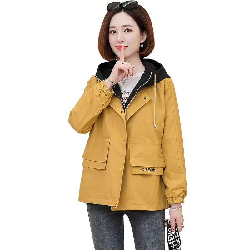 Chaquetas de Otoño de primavera para mujer, abrigo corto rompevientos, prendas de vestir exteriores sueltas coreanas, Tops con capucha, abrigo de talla grande R1003