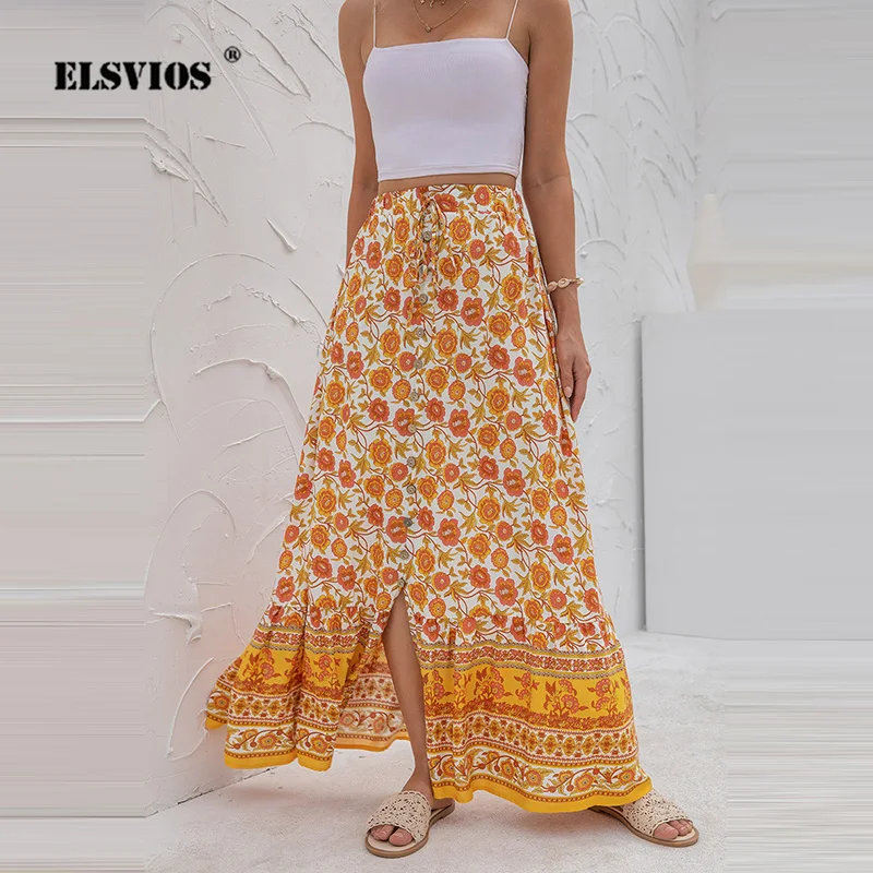 

High-Waist Lace-Up Long Skirt Summer New Vintage Floral Print Single-Breasted Slit Maxi Skirt Women Bohemia Beach Longue Clothes