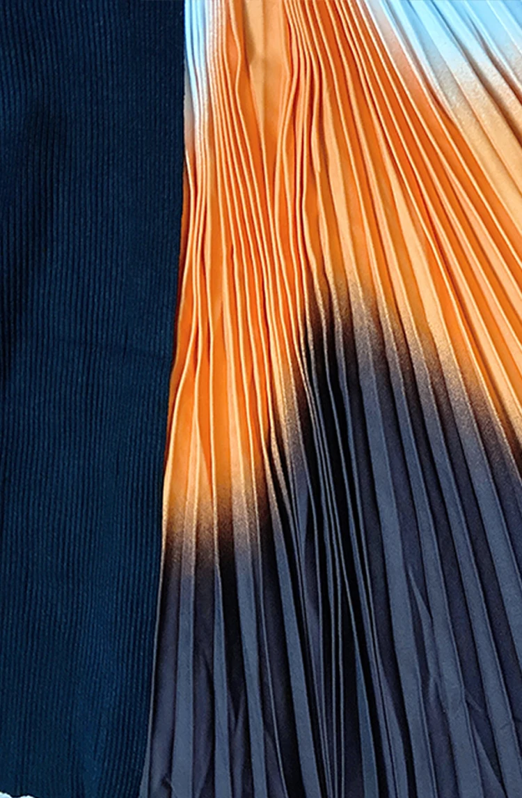 2021 Autumn Winter Women Gradient Color Stitching Knitted Warm Sweater Dress Female Long Sleeve Ol Midi Pleated Dress M8006