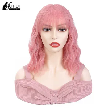 

LIHUI Pink Short Synthetic Wig Water Wavy Wigs with Bangs 12'' for Women Heat Resistant Natural Hair Wig Cosplay