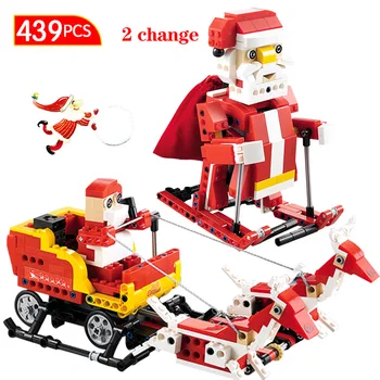 

439Pcs Christmas Gifts Santa Claus Snowmoble Model 2 IN 1 Building Block Technic Sound Induction Light Bricks Toys for Children