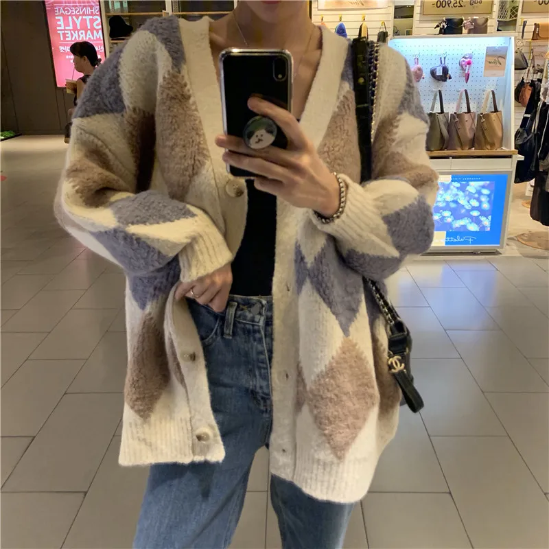 RUGOD кардиган с алмазным узором женский однобортный вязаный свитер размера плюс зимняя одежда Женская мода