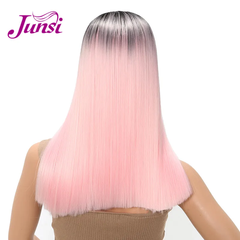 JUNSI волосы Омбре серые парики короткие прямые термостойкие синтетические волосы для женщин Косплей или вечерние парики боб - Цвет: Pink