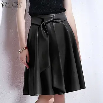 

Women's PU Leather Sundress ZANZEA 2020 Spring Stylish Skirts Casual High Waist Mini Vestidos Female Solid Belt Robe Oversized
