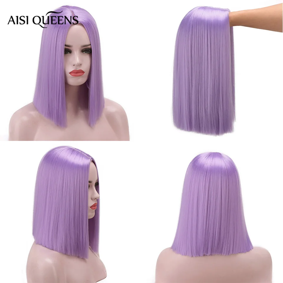 Aisi queens короткий прямой синтетический парик 14 ''Фиолетовый/Розовый/Блонд цвет тупые стриженые парики боб для женщин средняя часть натуральные волосы