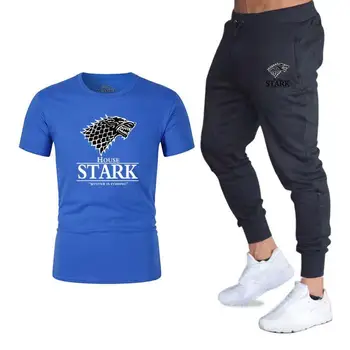 

two piece set men t-shirt pants game of thrones tshirt print wolf sweat suits o-neck tops tees mens sport suit casual streetwear
