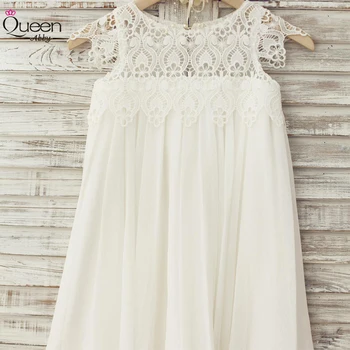 

White A-Line Communion Dress 2020 Simple Tulle Lace Dress Pearl Covered Button Dress for Wedding Party
