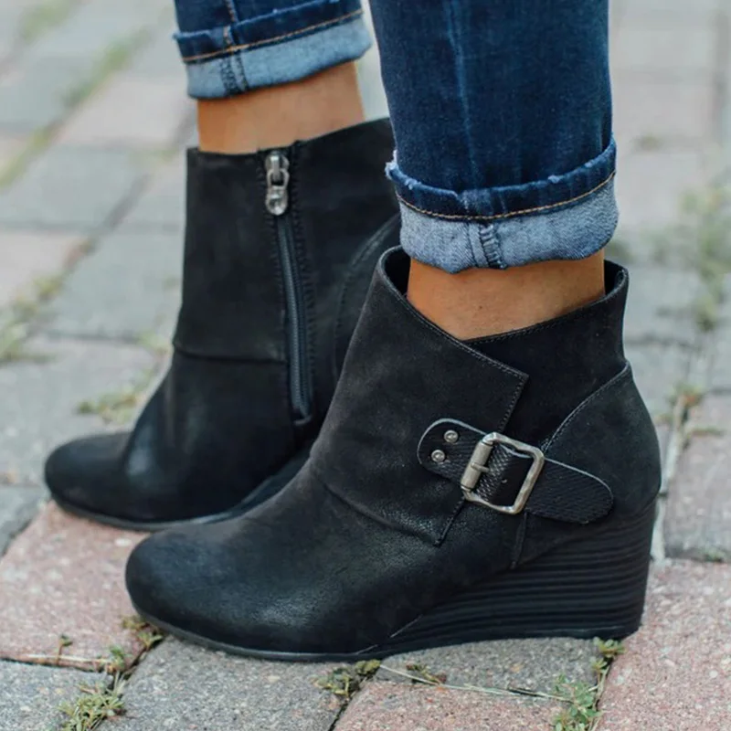 Women's Shoes 2020 Winter Women Ankle Boots Woman Buckle Wedge Ladies Short PU Leather Zipper Roman Female Footwear | Обувь