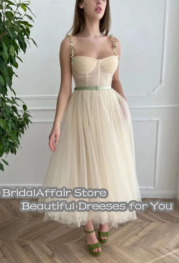 pretty prom dresses BridalAffair Elegnat Champagne Spaghetti Straps Tulle Prom Dresses Sweetheart Off Shoulder Backless A Line Tea Length Party Gown orange prom dresses Prom Dresses