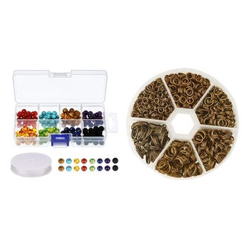 

160 Pcs Beads with 1 Roll Crystal String for DIY Necklace & 1 Box Mixed Size Antique Bronze Double Jump Rings