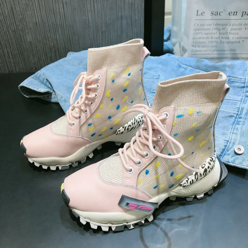 pink Женские носки; кроссовки для девочек; высокие носки; Botas Mujer; эластичные трикотажные женские ботиночки; спортивные кроссовки из натуральной кожи на платформе - Цвет: pink