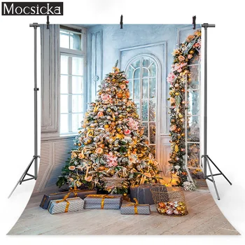 

Classic White Christmas Interior Background Photography Happy New Year Backdrop Snowed Tree Decor Presents Flashing Garland