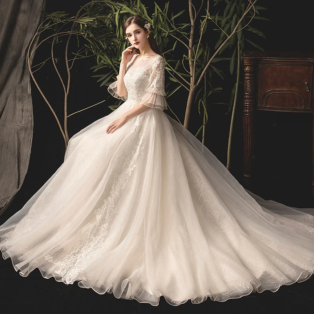 Элегантные Свадебные платья Vestido De Noiva, рукав до локтя, открытая спина, Аппликация из бисера, кружева, тюль, свадебные платья, Boho Trouwjurk