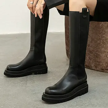 

Round Toe Platform Heels Knee Boots Woman Fashion Flat Heeled Chelsea Long Boots Female Winter New Shoes Black Comfort High Boot
