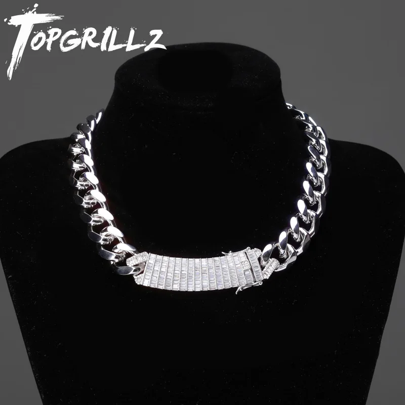 TOPGRILLZ 18 мм Длинный замок застежка багет циркон зубец установка кубинское ожерелье Iced Out кубическая цепь из циркония хип хоп рок ювелирные изделия