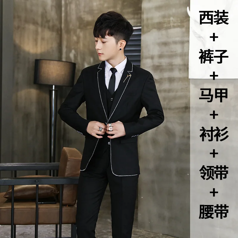 

2019 Spring And Autumn New Style Korean-style Slim Fit MEN'S Suit Solid Color Suit Five-Piece MEN'S Suit Set Men's
