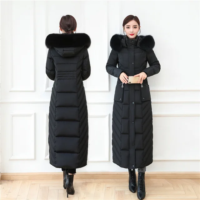 S- 4XL plus size Winter over the knee X-long 90% Duck down coat female X-Long thick warm Down Jacket real fox fur Parkas F442