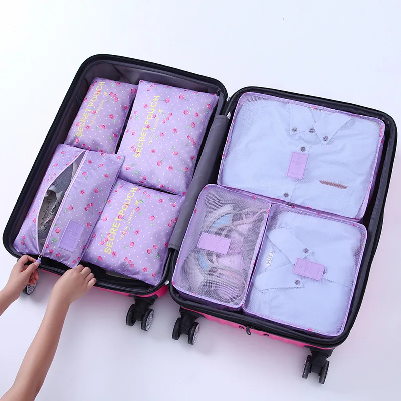 purple cherry Hot Fashion Travel Waterproof Clothes Storage bags Luggage Pouch Packing Cube Solid Portable Organizer 7 pcs/set - Цвет: purple cherry